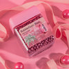 wakse Jar of bubblegum balls on a pink background with candy decorations