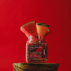 wakse Glass jar filled with red berries on a watermelon slice against a red background