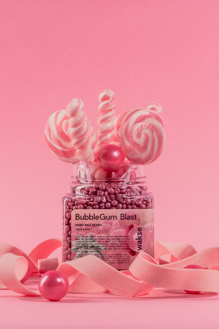 Wakse LLC BubbleGum Blast at home waxing kit with pink wax beads and candy-inspired sticks