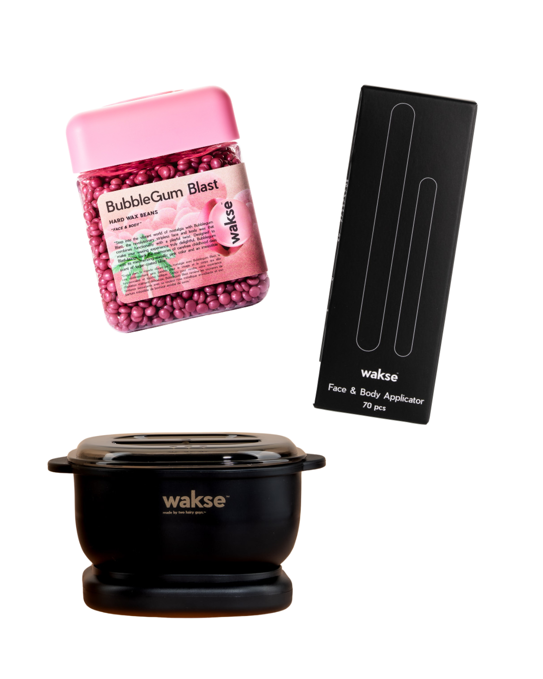 wakse LLC at home waxing kit with bubblegum blast hard wax beads black wax warmer and face body applicators